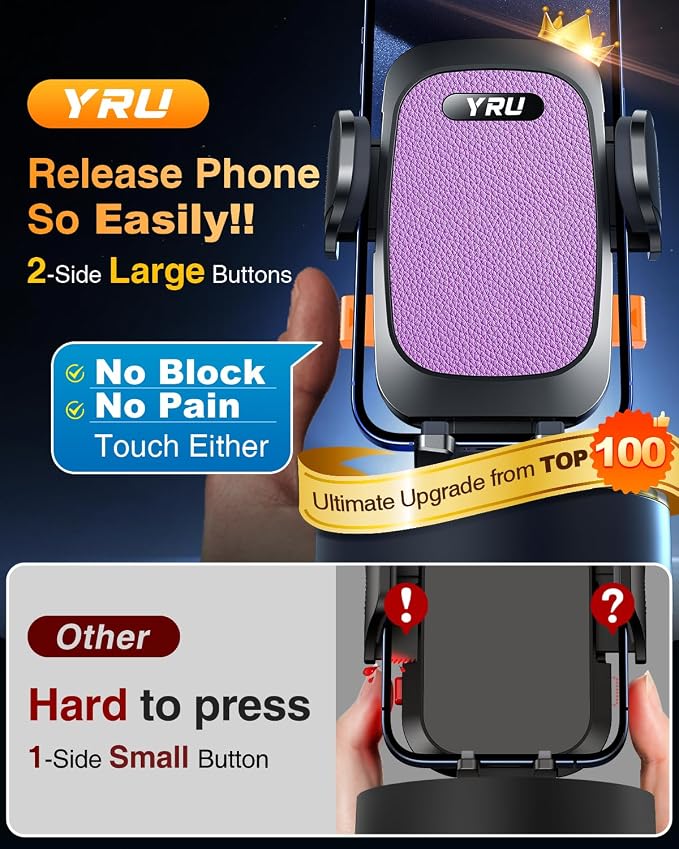 YRU True Military-Grade [360° Rotation Suction] 2026 Ultimate Car Phone Holder Mount 【90+LBS Safest Strongest & Patent Certs】 Dashboard Windshield Vent for iPhone 17 16 Pro Max Samsung, Purple