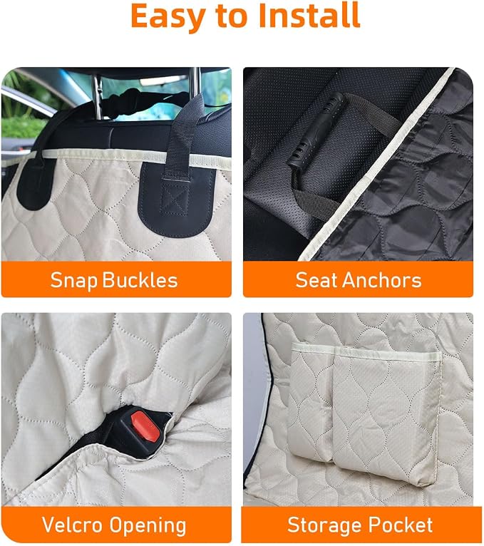 Dog Car Seat Cover with Mesh Window, 100% Waterproof Pet Seat Cover for Back Seat, Scratchproof Dog Hammock for Cars, Trucks, SUVs, Jeeps, Beige