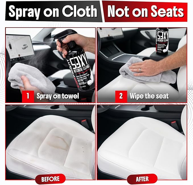 Tesla Interior Cleaner - White Seat & Stain Remover for Model 3, Y, X, S - Safe on Vegan Leather - Removes Dirt, Oils & Light Stains - No Residue - Light Citrus Scent - 16oz Kit