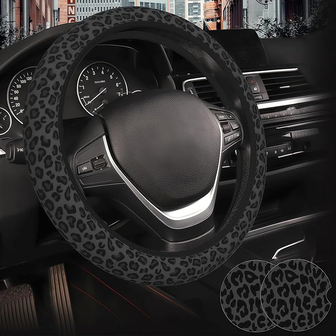 Black Leopard Print Steering Wheel Cover for Women, Universal Fit 14.5-15 Inch with Non-Slip Grip and Thermal Control, Includes 2 Ceramic Absorbent Cup Coasters, Compatible with Cars, SUVs, Trucks.