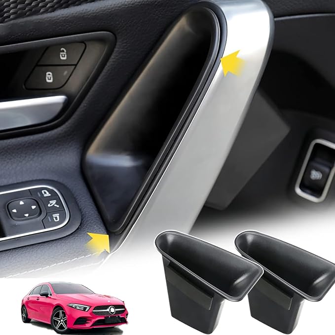 Door Handle Storage Box for Mercedes A-Class CLA A180L A200L | Pocket Organizer for A180L A200L 2019-2026 and CLA 2021-2025 Front/Rear Doors; ABS plastic, anti-slip pad, 2pcs set