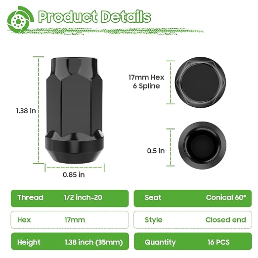 Golf Cart Wheel Lug Nuts for EZGO & Club Car, 1/2"-20 Size Black 16 Pack