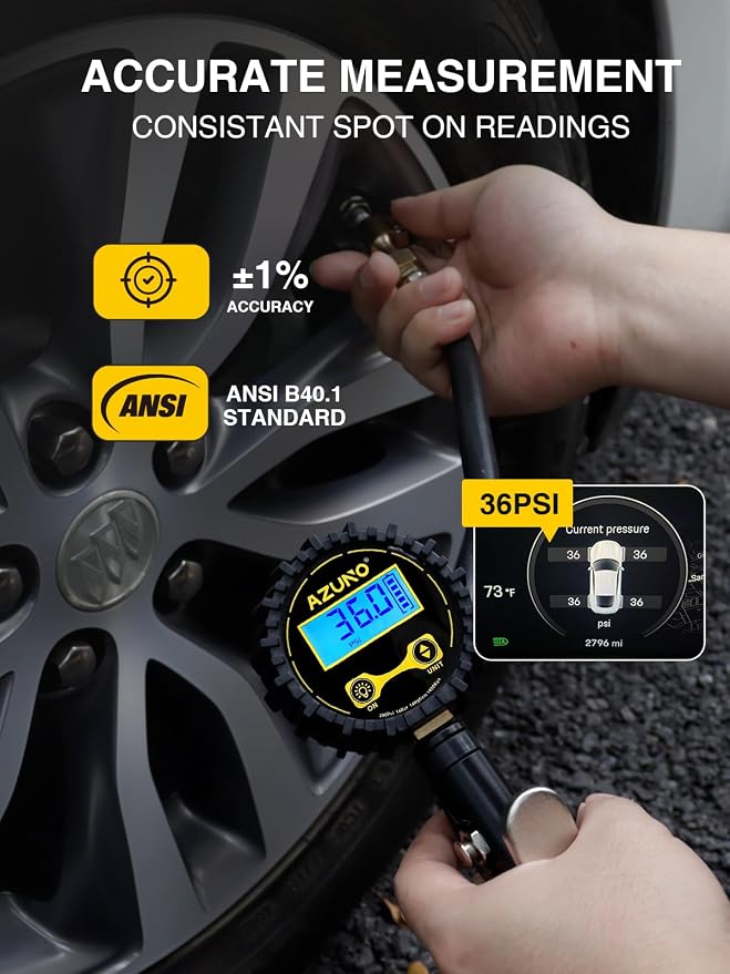 Digital Tire Inflator with Pressure Gauge, 200 PSI, Heavy Duty Air Compressor Accessories, with Rubber Hose Lock on Air Chuck and Quick Connect Coupler, Comes with a Portable Carrying Box