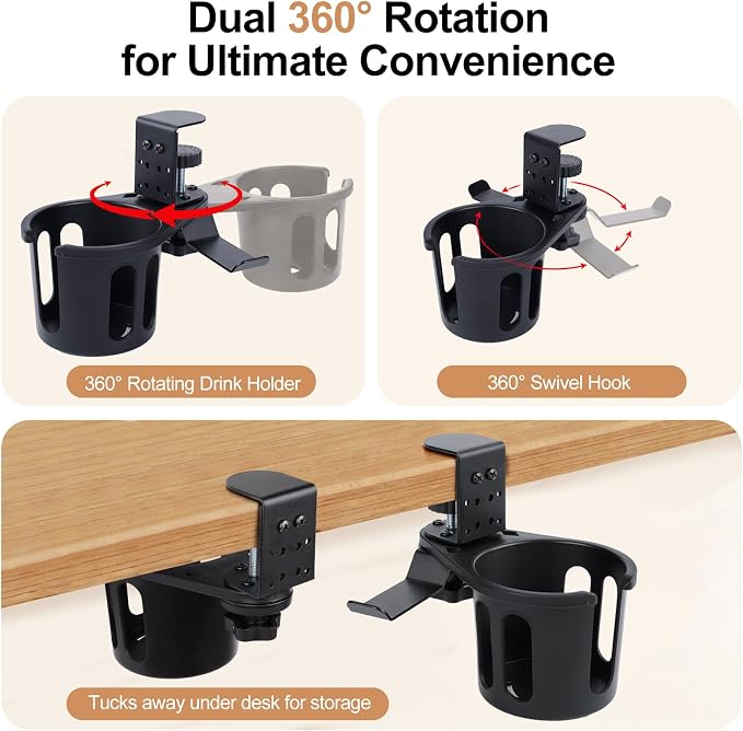 360° Rotating Cup Holder wiht Hook Under Desk Anti Spill Space Saving for Home Office Camping
