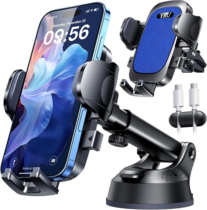 [True Upgrade for Safety] YRU Car Phone Holder Mount [Patent & Military-Grade]Dashboard Cell Phone Holder for Car Vent Windshield Phone Stand for iPhone 17 16 15 14 13 Pro Max Truck Samsung, Dark Blue