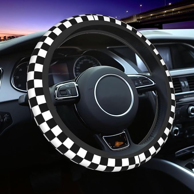 Black and White Checkered Flag Steering Wheel Cover Car Accessories Cute for Women Girls Girly Universal 15 Inch Neoprene Auto Interior Decor Anti Slip Car Truck Protector