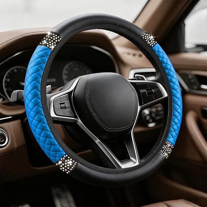Bling Soft Leather Steering Wheel Cover, Steering Wheel Protector, 15 Inch Rhinestones Car Elastic Protector with Crystal Diamond for Women Girls, Car Accessory for Vehicles (Blue)