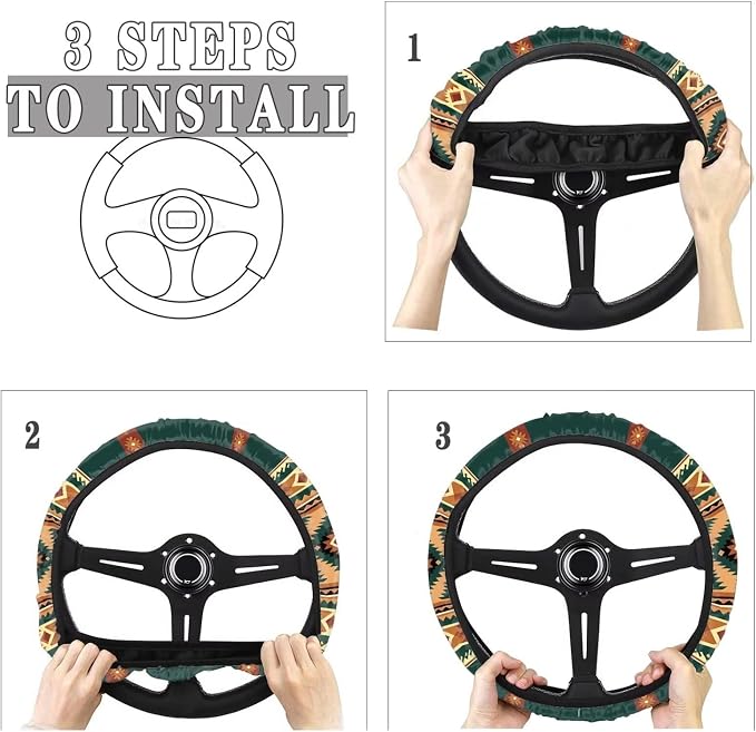 Car Steering Wheel Cover for Women Men, 15 Inch Soft Neoprene Stretch Anti-Slip Washable Car Accessories Universal Fit for Sedans SUV, Southwest Aztec Brown Green