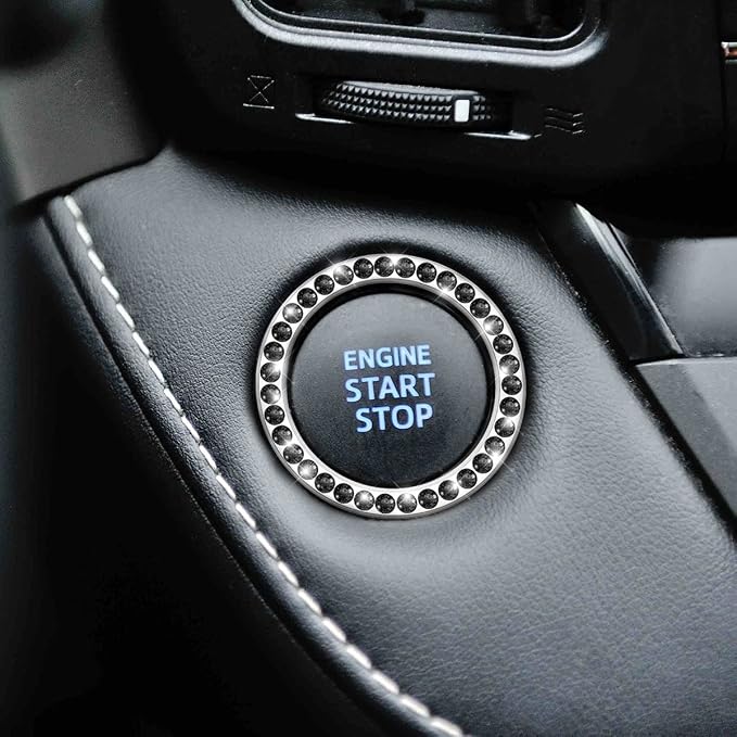 Car Bling Crystal Rhinestone Engine Start Ring Stickers, 1 Single Drainage Drill and 1 Double Drainage Drill Car Start Button Cover, Key Ignition Knob Bling Ring Decals, Car Accessories(Set Black)