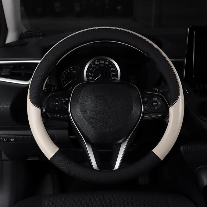Auto Car Leather Steering Wheel Cover Anti Slip Wrap 15" (Beige)