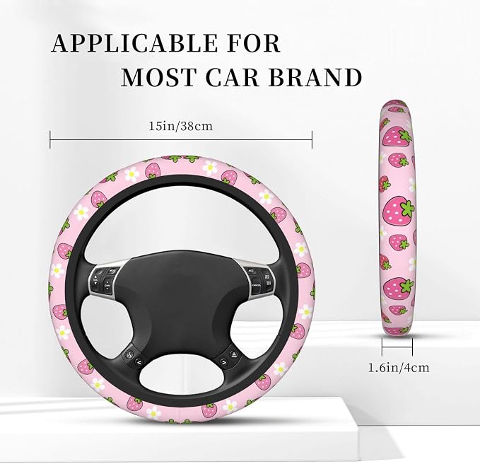 Cute Strawberry Steering Wheel Cover Anti-Slip and Practical 14.5-15 Inch Universal Steering Wheel Cover with 2 Pieces Car Coasters Suitable for Men Women