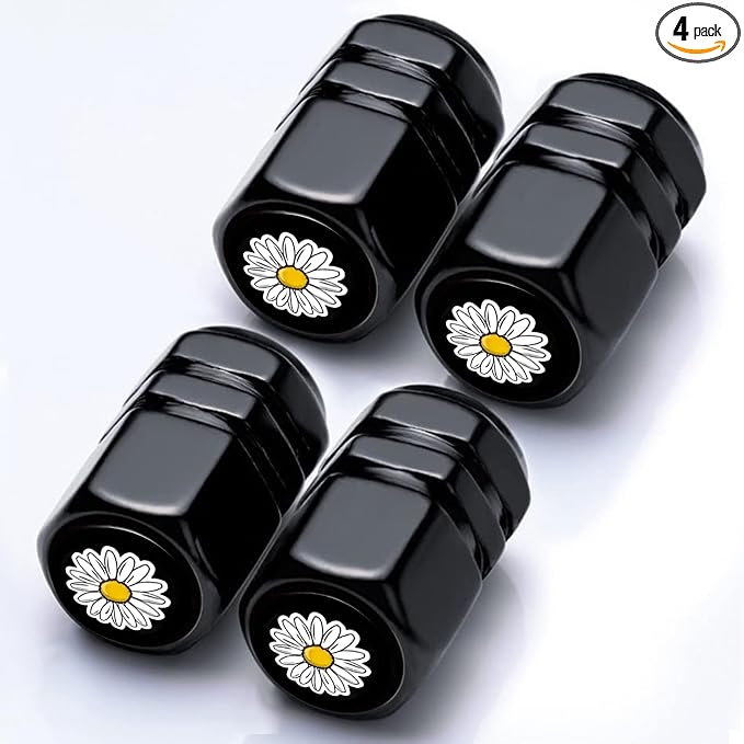 4Pack Daisy Tire Valve Stem Cap White Daisy Car Accessories Aluminum Alloy Rust-Proof Universal Dust Covers Tire Air Cap for Car,Truck,SUV, Bike,Motorcycle Tires,Gifts for Women Mom Men