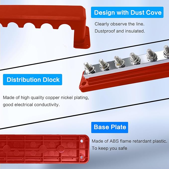 600A Bus Bar Heavy Duty Power Distribution Block 48V DC Busbar Box with 8 x M10(3/8") Terminal Studs for Battery Marine Automotive RV Car Truck (Red)