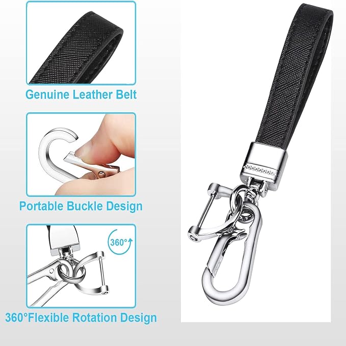 Genuine Leather Car Keychain,Universal Heavy Duty Metal Key Chain Accessories,Car Fob Key Keychain Holder with 360 Degree Rotatable Snap Swivel and Anti-Lost D-Ring for Men Women(Black)
