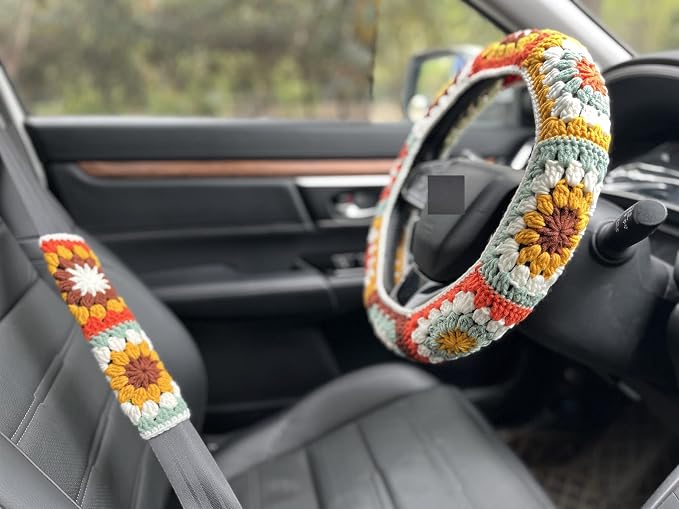 Steering Wheel Cover,Handmade Crochet Rainbow Sunflower Granny Square Steering Wheel Covers (Steering Wheel Cover+2 Belt Cover)