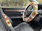 Steering Wheel Cover,Handmade Crochet Rainbow Sunflower Granny Square Steering Wheel Covers (Steering Wheel Cover+2 Belt Cover)