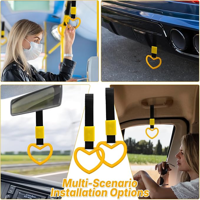 2 Pcs Heart Shaped Car Handle Strap – Drift Charm Rear Bumper Warning Ring Decor for Car Interior Exterior, Subway Bus Handle Accessory, Cute Heart Car Decor Gift for Women & Men (Yellow)