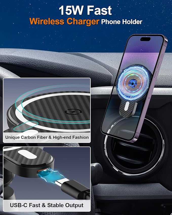PZK Car Phone Holder for Toyota Tacoma 2016-2023 Accessories Custom Vent | Magnetic 15W Fast Wireless Charger Phone Mount for 3rd Gen Tacoma with Magsafe Fixed Clip Hands Free 360° Rotation Cradle