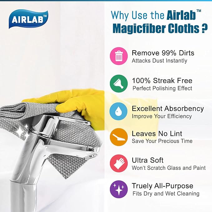 Airlab Glass Polishing Cloth Streak Free Miracle Cleaning Cloth Lint Free Microfiber Cleaning Rags for Glasses Kitchen Dish Mirrors Easy Clean, Pack of 8, 16" x 12", Grey & Blue