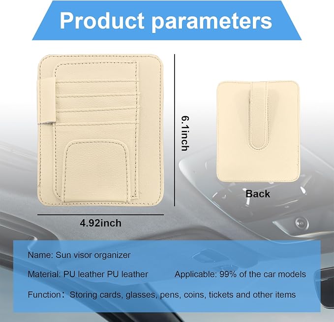 Car Sun Visor Organizer, Small Auto Visor Organizer and Storage, Registration and Document Holder, Vehicle Accessories for Sunglasses, Document, Card, Pen, Driver License (Beige)