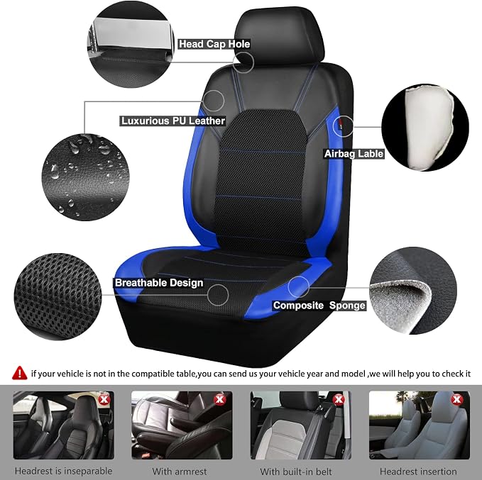 Air Mesh Leather Car Seat Covers Full Set, Waterproof Car Floor Mats, Sporty Steering Wheel Cover 14.5-15in, Universal Fits for 95% Cars Truck SUV (Black and Blue)