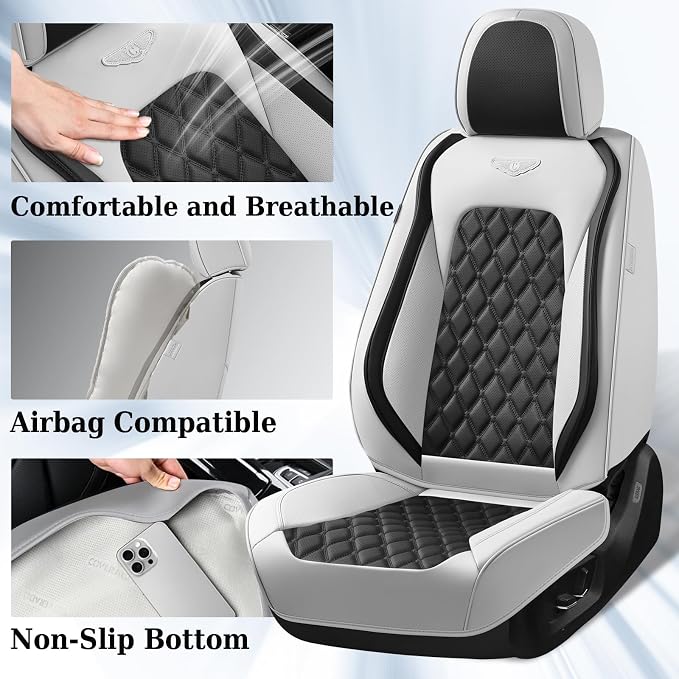 Coverado Universal Car Seat Covers Full Set, Luxury Stain-Resistant Waterproof Faux Leather Front & Rear Seat Protectors, Elegant Easy-Clean Automotive Interior – WhiteBlack