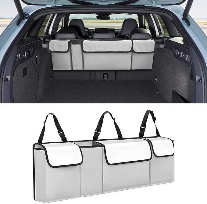 Car Trunk Organizer, Waterproof Collapsible Cargo Bag with 4 Pockets,Backseat Hanging Large Storage with Adjustable Straps, Sturdy Space Saver Frees Trunk Floor for SUV, Truck (white lime)