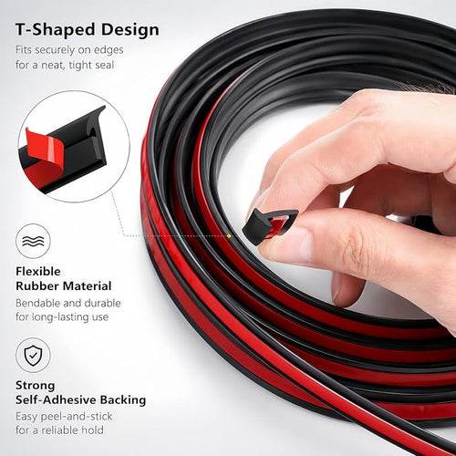 16.5Ft Universal Car Weather Stripping - T-Shape Rubber Edge Trim (5x7mm), Self-Adhesive Automotive Sealing Strip for Windshield, Bumper, Fender Flare & Side Skirt, Soundproof & Waterproof