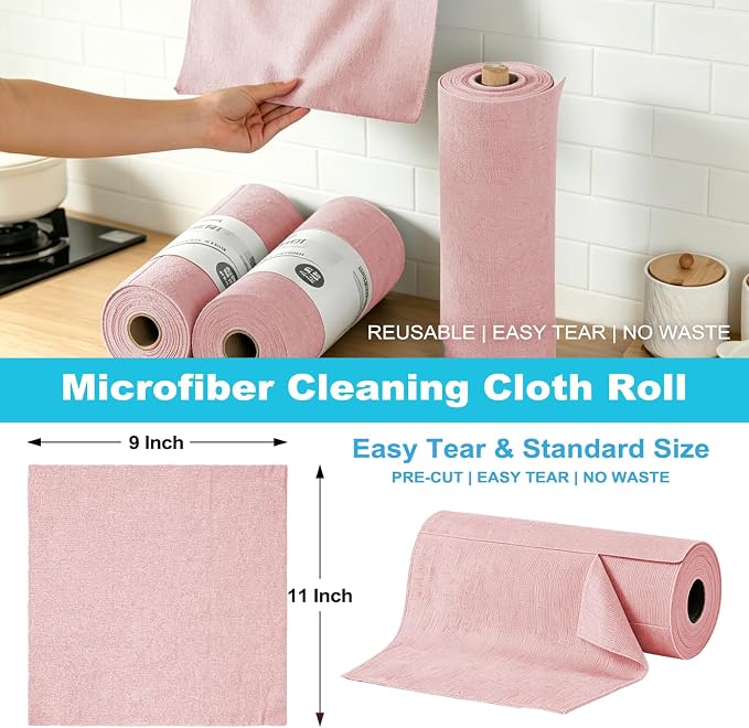 55 Pack Microfiber Cleaning Cloth Roll, Tear Away Reusable Paper Towels, 11" X 9", Ultra Absorbent & Lint Free Microfiber Cloth for Cleaning Cars, Kitchen, Window, Home and Shop, Pink