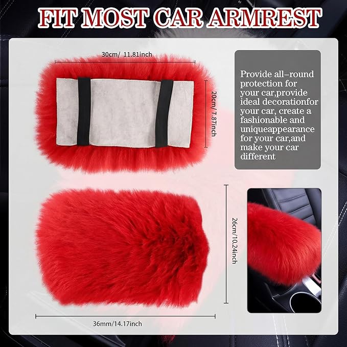 Furry Armrest Cover Auto Center Console Cover Car Soft Console Pad, Real Sheepskin Wool Soft Fluffy Auto Center Armrest Pad for Most Car Decoration Protector(Red)