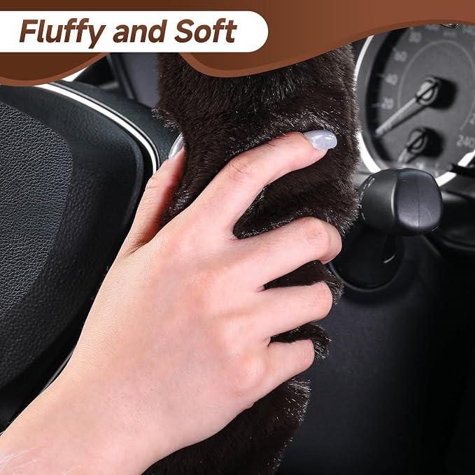 Furry Car Steering Wheel Cover with Gear Shift Cover, Soft and Warm, Cute Fluffy Auto Decor for Women Men, Standard Size, 2 PCS Set, Coffee Brown
