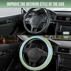 Steering Wheel Cover, Light Blue Patterned & Green Leather Patchwork Design, Universal Fit 14.5"–15.5", Anti-Slip, Odor-Free, Soft Grain Leather, Durable Grip Car Accessory for Girls & Women