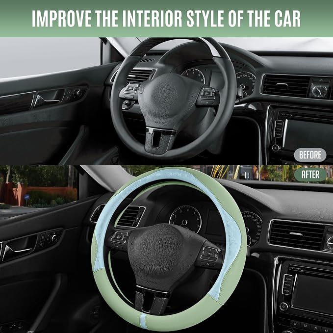 Steering Wheel Cover, Light Blue Patterned & Green Leather Patchwork Design, Universal Fit 14.5"–15.5", Anti-Slip, Odor-Free, Soft Grain Leather, Durable Grip Car Accessory for Girls & Women