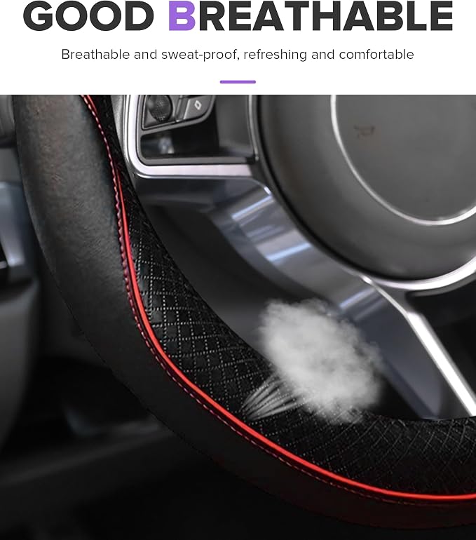 Steering Wheel Cover,Car Accessories,Microfiber Leather Car Steering Wheel Covers,Universal 15 Inch Anti-Slip Breathable Auto Interior Decor Protector,Suitable for Most Cars (Black&Red)