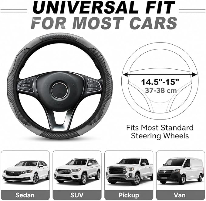Car Steering Wheel Cover 15 inch, Microfiber PU Leather Elastic Steering Wheel Protector, Anti-Slip Breathable Car Interior Accessories for Most Cars (Grey)