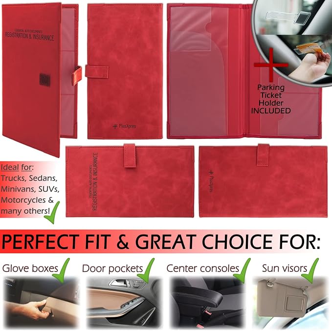 Registration and Insurance Card Holder - Car Organizer - Red | Vehicle Glove Box Document Organizer, Auto Essential Paperwork Holder for Contact Information Cards, Interior Car Accessories