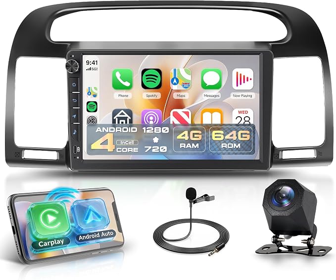 4G+64G Android 15 Car Stereo for Toyota Camry 2000-2006, 9 Inch Incell Touchscreen with Physical Buttons, Wireless CarPlay Android Auto GPS WiFi Bluetooth FM RDS EQ SWC Type-C Backup Camera