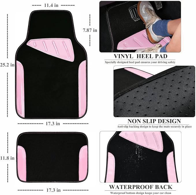 Jelly Waterproof Universal Fit Car Floor Mats, Girly Car Carpet Mats with Anti-Slip Nibbs Backing & Driver Heel Pad Fit for SUV, Vans, sedans, Cute car mats of 4pcs for Women (Pink)