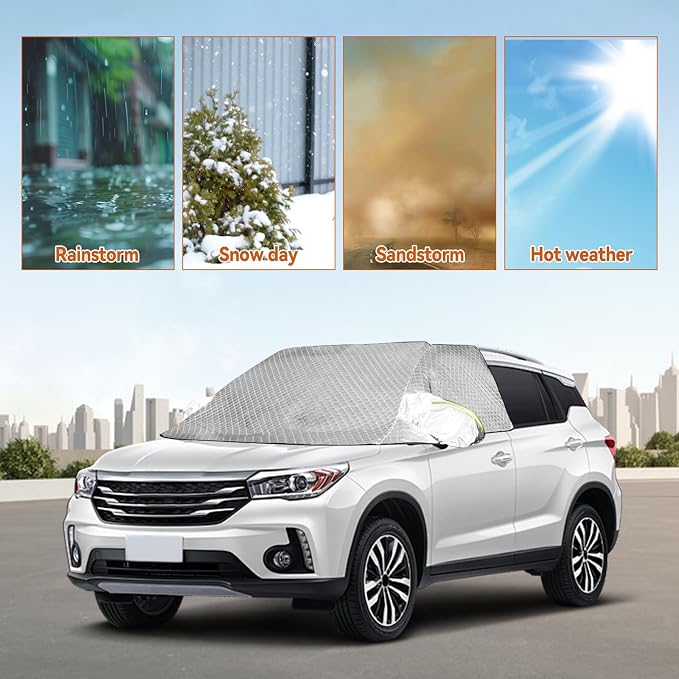 Windshield Window Snow Cover with 2 Hooks and 2 Mirror Covers Ice and Snow Front Window Sunshade Cover Fit for SUVs, Trucks, Cars (White-SUVs)