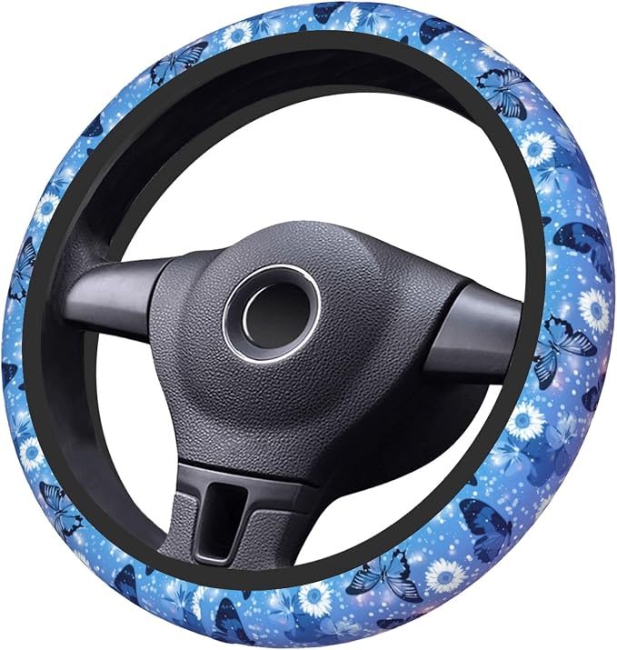 Blue Butterfly Steering Wheel Cover for Women Girls Flower Universal 15 inch Neoprene Anti-Slip Car Wheel Protector