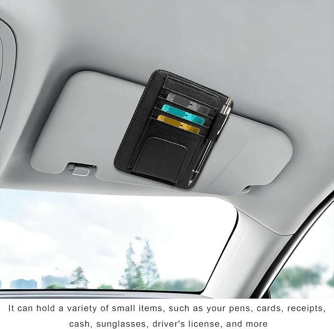 Car Sun Visor Organizer, Leather Auto Visor Card Holder with Sunglasses Clip, Multifunctional Sunvisor Storage Pouch Vehicle Interior Pocket for Driving License Pen Ticket (Black)