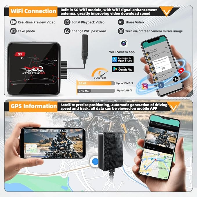 VSYSTO Motorcycle Dash Camera, Dual 2K Starlight Night Vision Cameras with 5G WiFi, Parking Monitoring, GPS, TPMS, Waterproof, Temperature Display, Low Voltage Protection (Q3PRO)