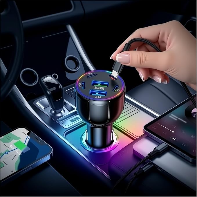6 Ports 75W Fast Car Charger USB C & USB A,12V/24V Car Charger Adapter Cars Cigarette Lighter Chargers for Super/PD30W/PD/3.1A,12V/24V Cars Port Chargers for Phones,Tablets