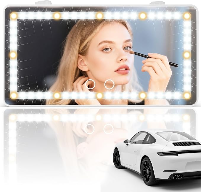 Car Sun Visor Vanity Mirror - Rechargeable Makeup Mirror with 60 LEDs, 3 Light Modes & Dimmable Touch Control for Cars, Trucks, SUVs, Car Interior Accessories for Women (White)