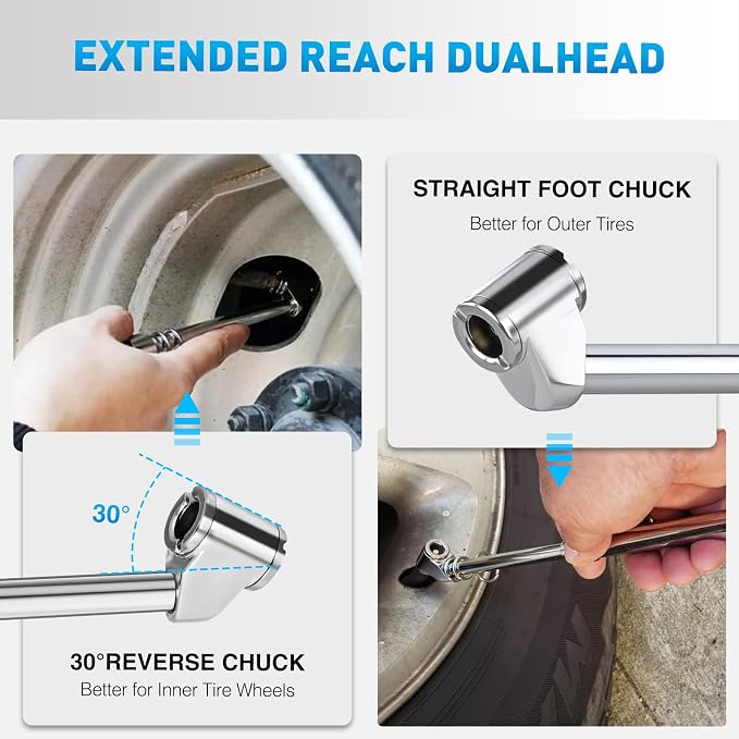Dual Head Tire Pressure Gauge Heavy Duty Truck Air Chuck Range 10-150PSI 1-10Bar Tire Pressure Checker Straight-On Tire Air Gauge Extended Tube for Semi Truck, RV, Car, Motorcycle