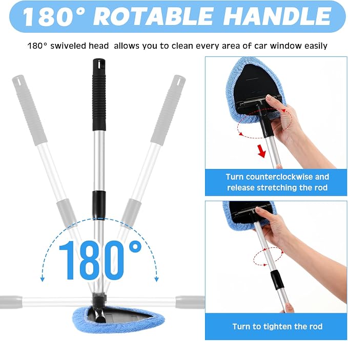 10 Pcs Windshield Cleaner Tool Car Window Cleaning Supplies with Extendable Handle Include 6 Washable Microfiber Bonnets 2 Empty 60ml Spray Bottle Glass Wiper Kit(Light Blue)