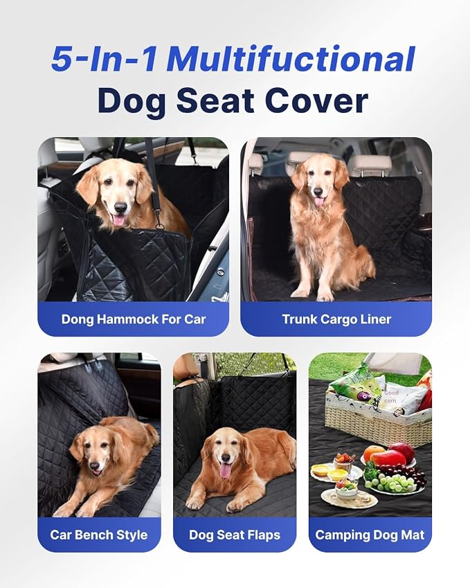 Dog Car Seat Cover for Back Seat, 600D Heavy Duty Waterproof & Scratch-Resistant for Car with Side Flap, Pet Back Seat Covers for Car with Seatbelt Black.