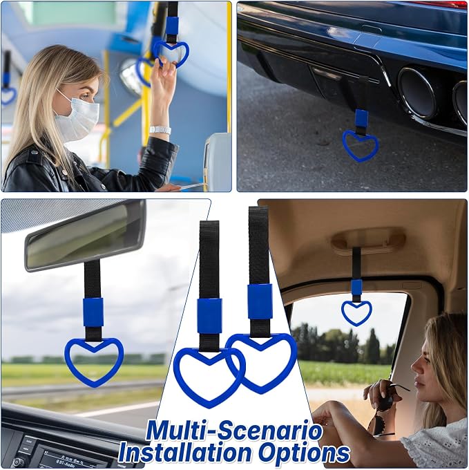 2 Pcs Heart Shaped Car Handle Strap – JD M Drift Charm Rear Bumper Warning Ring Decor for Car Interior Exterior, Subway Bus Handle Accessory, Cute Heart Car Decor Gift for Drivers (Blue)