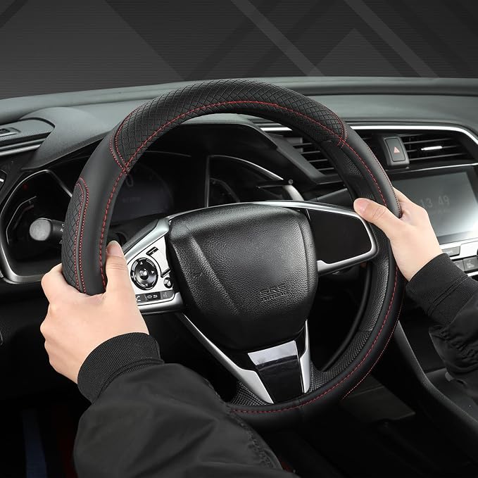 Customized Auto Car Steering Wheel Cover for Honda Civic, CR-Z, Insight, S2000, 14-14.25inch(Black+Red-Small Size)