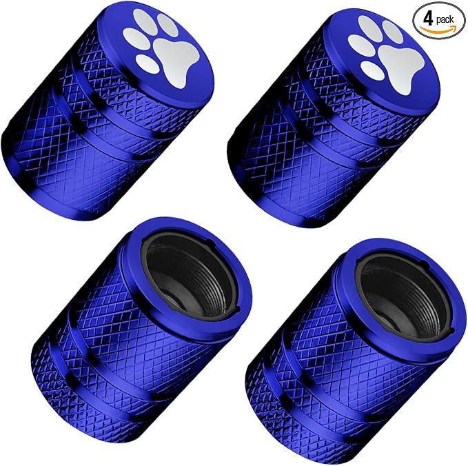 Tire Valve Stem Caps - (4 Pack) Cat Paw Print Metal Air Caps with Plastic Liner, Durable, Corrosion Resistant and Leak-Proof, Universal Fit for Cars, Trucks, Motorcycles, and Bikes - Blue